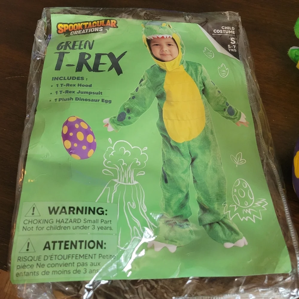 Kids T Rex Dinosaur Costume Deluxe Green Outfit Hood Jumpsuit Small 5-7 Unisex